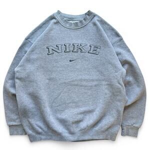 Vintage 90s USA Made Nike Spellout Center Swoosh Crewneck Sweatshirt Grey L